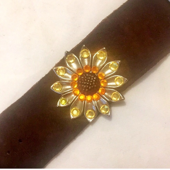 Brown Suede yellow orange rhinestone sunflower silver buckle strap band bracelet - Picture 2 of 5